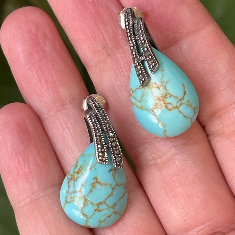 Turquoise Marcasite Solid Sterling Silver Drop Ea… - image 5